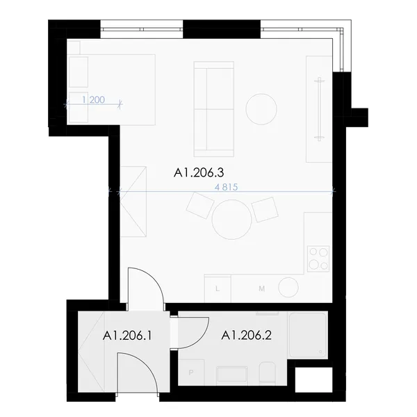 1-room, 41.9 m² floor plan