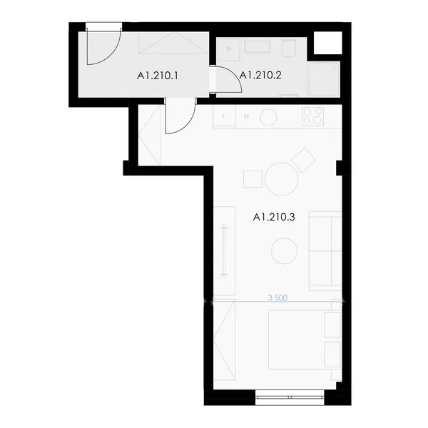 1-комнатная, 43.5 m² floor plan