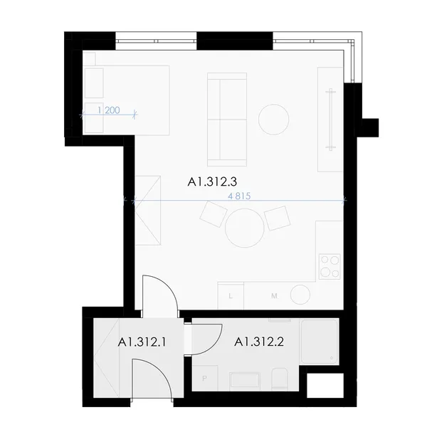 1-room, 41.9 m² floor plan