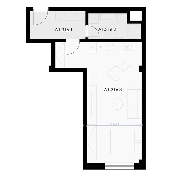 1-комнатная, 43.5 m² floor plan