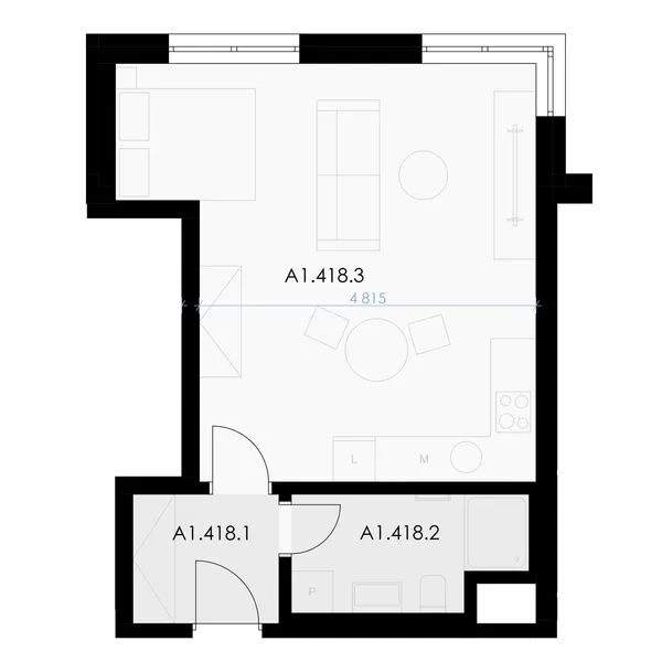 1-room, 41.9 m² floor plan