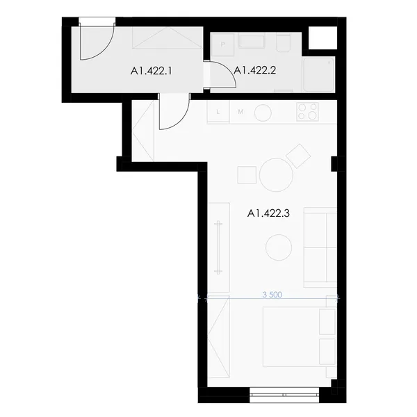 1-комнатная, 43.5 m² floor plan