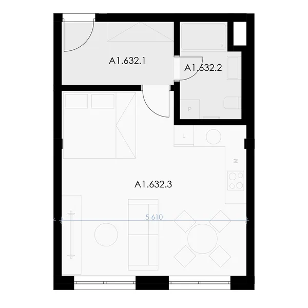 1+kk, 42.8 m² floor plan
